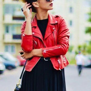 Zara Intense Red Faux Leather Biker Jacket